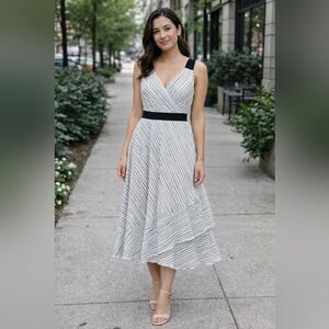 DKNY Womens Striped Wrap Dress With Ruffle Hem & Tie Waist White & Navy Size 6 C